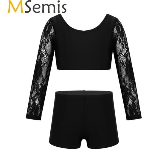 Kids Teen Girls Basic 2 piece Dancewear Lace Long Sleeves Ballet Gymnastics Leotard Crop Top with Shorts Stage Dance Costume Set