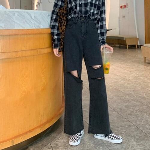 Denim Clothing Streetwear Vintage Quality 2021 Fashion Harajuku Straight Pants Woman Jeans Ripped High Waist Clothes Wide Leg