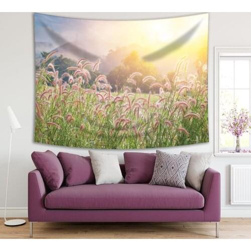 Tapestry Grass Flower Field with Soft Sunlight Countryside Autumn Days Nature Meadow Landscape Green Yellow Photo Print