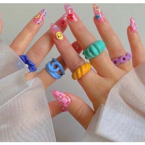 Korean Charms Geometric Opening Rings for Women Resin Vintage Harajuku Sweet Fashion DIY Rings Jewelry 90s Style New Gifts Party