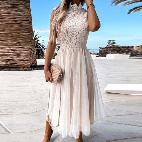 Sexy Embroidery Turtleneck Lace Party Dress Women Elegant Patchwork Mesh Long Dress Spring Summer Sleeveless Lady Beach Dresses