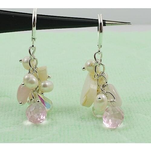 Newest Irregular Pearl Earrings,White Real Pearl Shell Crystal Rose Quartzs Long Earring,S925 Sterling Silvers Jewelry Girl Gift