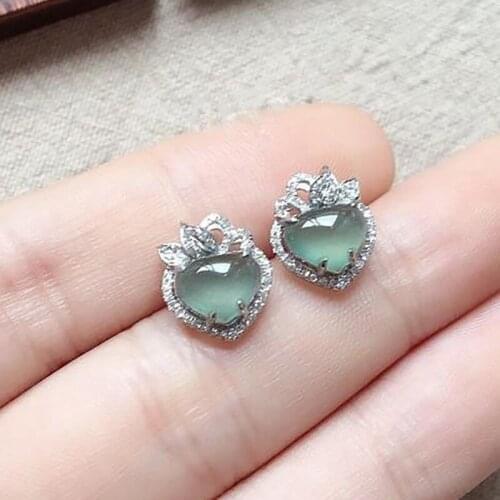 Original new silver inlaid natural high ice chalcedony heart-shaped earrings elegant charm creative retro female jewelry