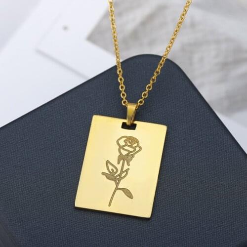 RoseFlower Necklace for Women 2021 Stainless Steel Gold Chain Rose Flower Nameplate Necklaces Girlfriend Gift Jewelry Wholesale