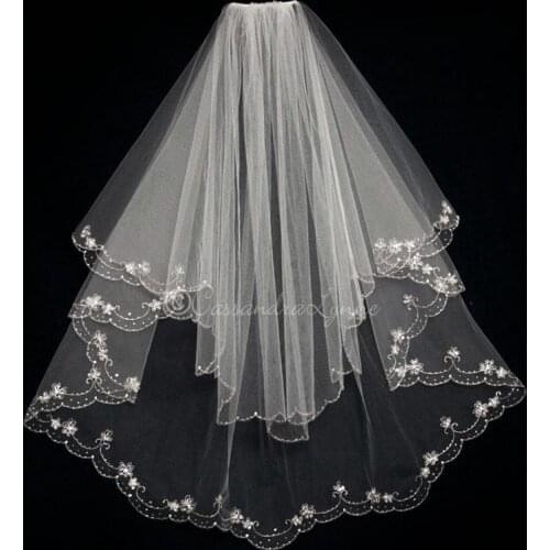 Stunning Two Layers Wedding Veil With Comb Lace Appliqued Sequins Beads Edge Soft Net Custom Made Short Bridal Veil