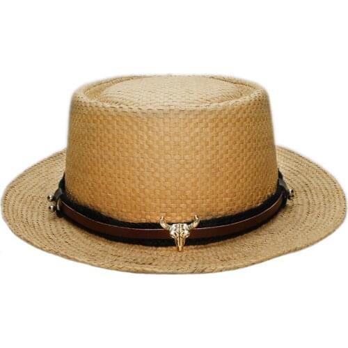 Big Size Women Men Summer Fashion Raffia Straw Pork Pie Pork-pie Sun Hat Beach Boater Cap Bull Calf Head Leather Band 57-60cm