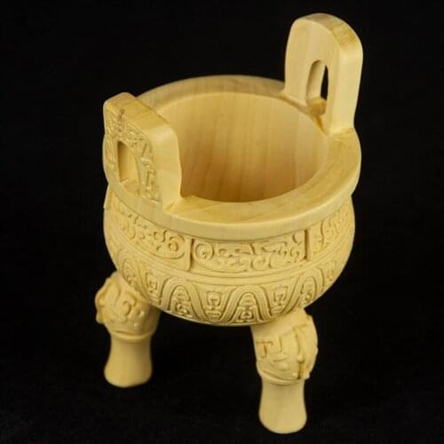 8CM Boxwood Carving Three-legged Treasure Tripod Ornaments Statue Collection Feng Shui Lucky Home Decor