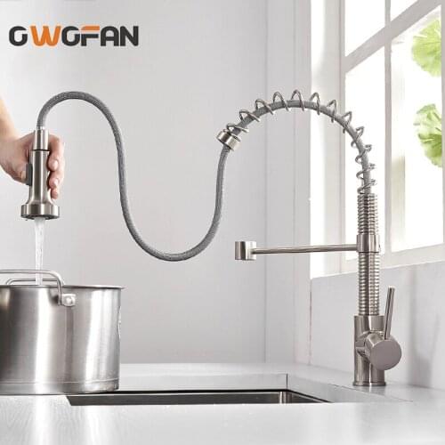 OWOFAN Modern Polished Brushed Nickel Brass Kitchen Sink Faucet Pull Out Single Handle Swivel Spout Vessel Sink Mixer Tap N22207