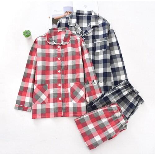 Spring And Summer Lovers Thin Pure Cotton Double Gauze Pajamas WomenS Long Sleeve Pants Cotton Home Wear MenS Plaid пижама