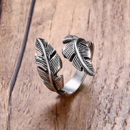 Vintage Mens Feather Ring Stainless Steel Wrap Punk Bike Black and Silver Color Cool Male Jewelry Anel Aneis