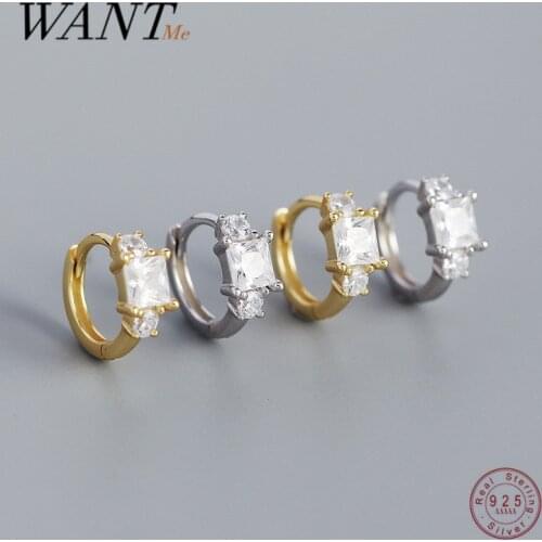 WANTME 925 Sterling Silver Shiny Square Crystal Zircon Trend Ear Buckle Earrings Bohemian Round Huggies Women Piercing Jewelry