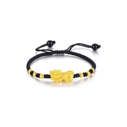 Pure 24K Yellow Gold 3D Lucky Pixiu Bead with Black Knitted Bracelet 16cm