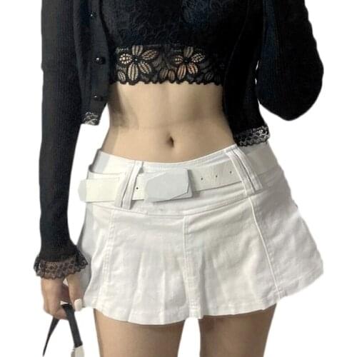 Sexy Low Waist Pleated Micro Denim Skirt Women Gothic Punk Solid Color A-Line Flare Hem Skirt Vintage Casual Slim Streetwear