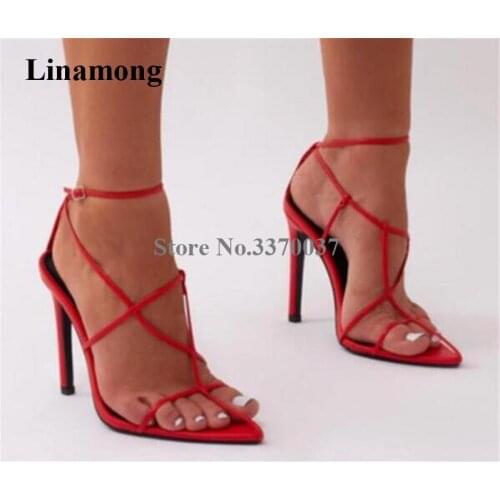 Women Sexy Pointed Toe Thin Strap Cross Stiletto Heel Sandals White Red Ankle Thin Strap Buckle High Heel Sandals Dress Heels
