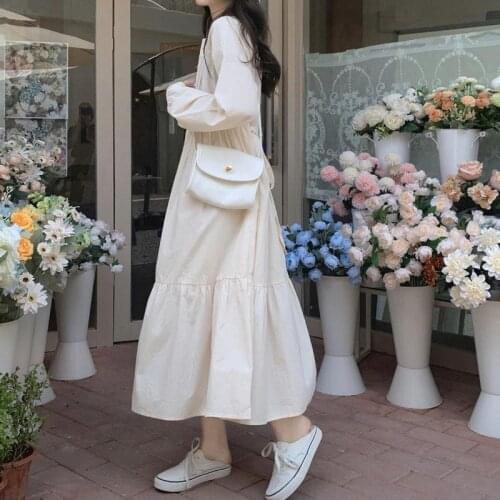 Woman Dresses New Long Sleeve round Neck Mid-Length Dress Solid Color Loose Cake Dress Vestido De Mujer Femme Robe