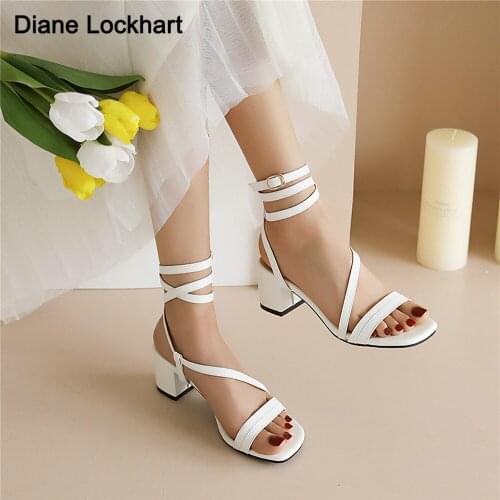 2021 Summer Women Sandals With Thick Heels Leaky Feet Rubber Soles Cross Strap Buckle Low Heels Peep toe Shoes Large Size 31-43
