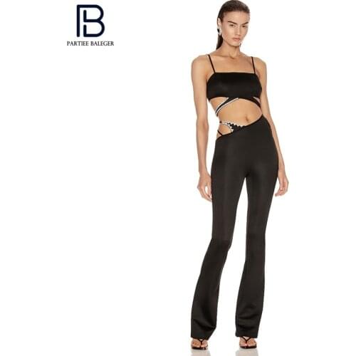PB Stylish High Waist Black Crystal Design Jumpsuit Backless Sexy Celebrity Party Club Bandage Vestido Free Shipping