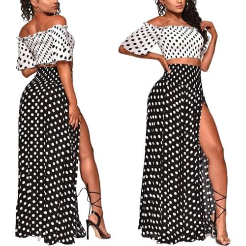New Arrival Women Casual Clothes Sets Plus Size Two Piece Outfits Off Shoulder Crop Top + Split Long Skirt Polka Dots Clothes
