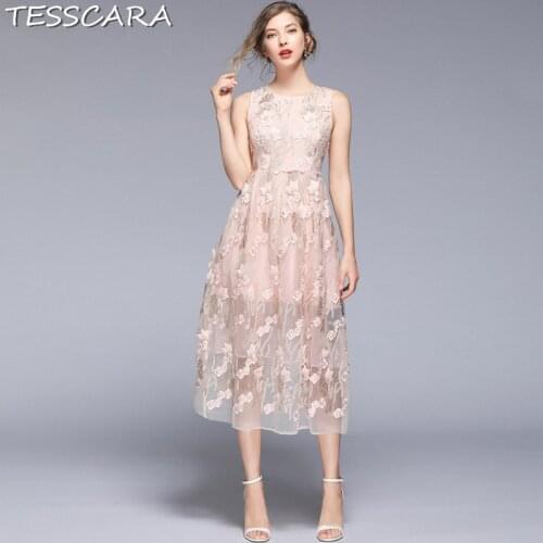 TESSCARA Women Pink Embroidery Mesh Dress Female Elegant Wedding Party Robe Femme Designer High Quality Flower Girl Vestidos
