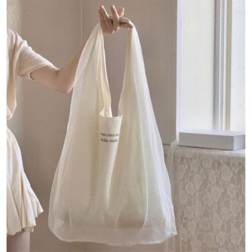 2 Layers Summer Female Flower Embroidery Hand Bag Organza Casual Tote Mesh Summer Floral Tote Bags Eco-friendly Mesh Handbag