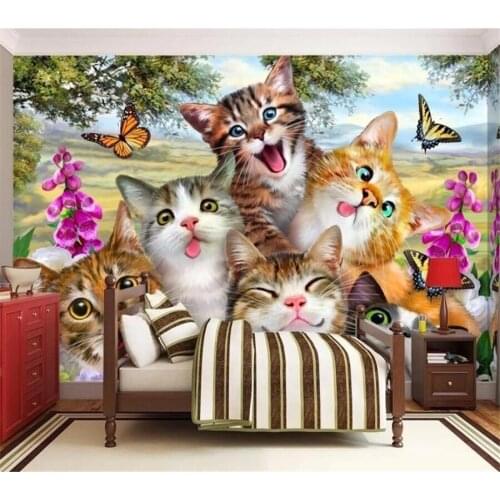 Wellyu Customized large wall painter with cute cartoon grass on a group of cat selfies like childrens room wall