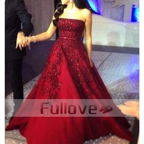 Burgundy Strapless Crystal Beaded Evening Party Dress Long 2019 Appliques A-Line Formal Prom Gowns Vestidos De Fiesta Abiye