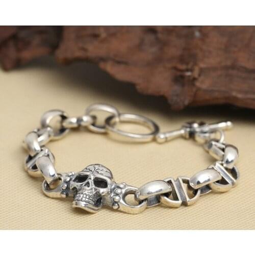 Wholesale NEC2525 Sterling Silver Personalized Jewelry Retro Thai Silver mens Super Large Skull Bracelet Bracelet