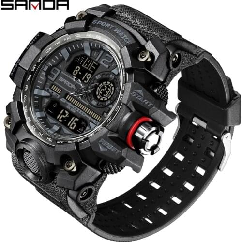 Sanda New Mens Watches Black Sports Watch LED Digital 3ATM Waterproof Military Watches S Shock Male Clock relogios masculino