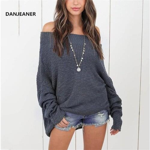 Danjeaner S-5XL Sexy Off Shoulder Long Sweaters Women Autumn Winter Long Sleeve Solid Slim Fit Knitted Pullovers Plus Size Tops