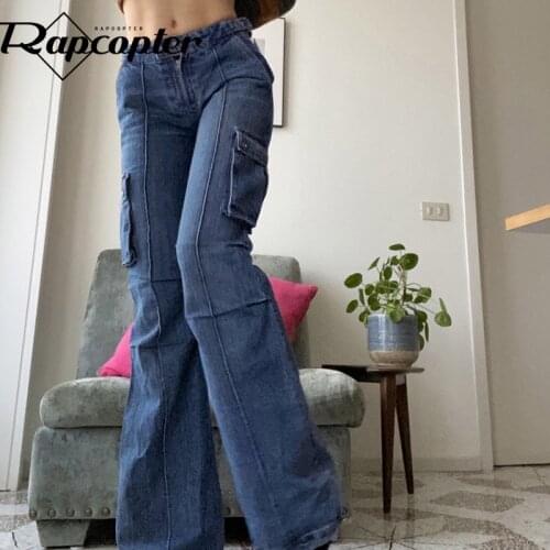 Rapcopter y2k Big Pockets Jeans Vintage Do Old Boot Cut Denim Pants Low Waisted Casual Fashion Cargo Trousers Women Streetwear