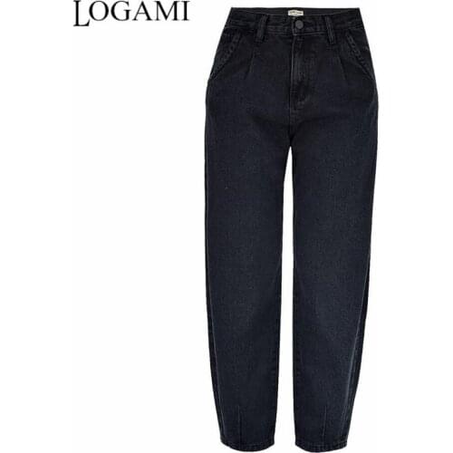 LOGAMI High Waist Harm Jeans Pants Woman Autumn Winter Mom Jeans Ladies Loose Trousers Black