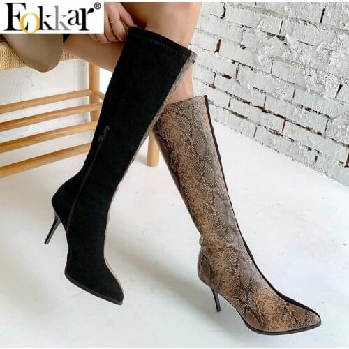 Eokkar 2020 Mixed Colors Thigh High Boots Women High Heel Pointed Toe Sanke Prints Ladies Red Mid Calf Boots Big Size 34-43
