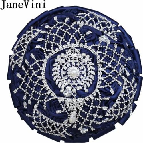 JaneVini BlingBling Crystal Wedding Bouquet Beaded Rhinestones Navy Purple Burgundy Satin Rose Pearl Bridal Bride Flower Bouquet