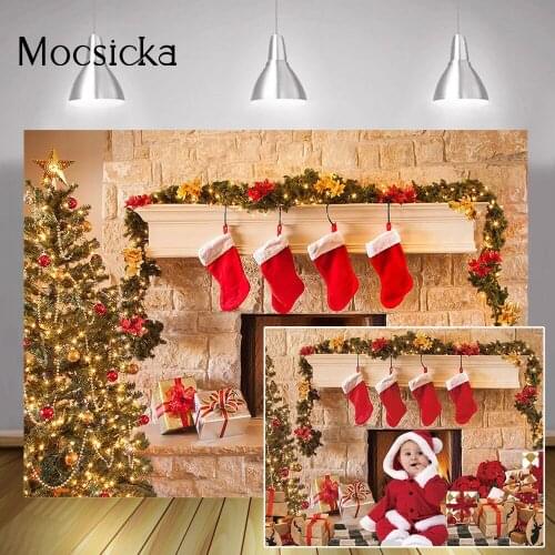 Brick Wall Fireplace Portrait Photography Backdrop Socks Christmas Trees Gifts Background Winter Birthday Cake Smash Photoshoot