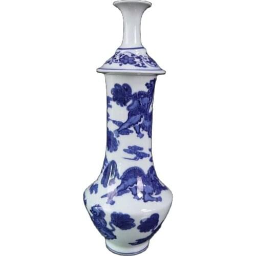 Chinese Old Porcelain Blue and White Vase With Lion Pattern