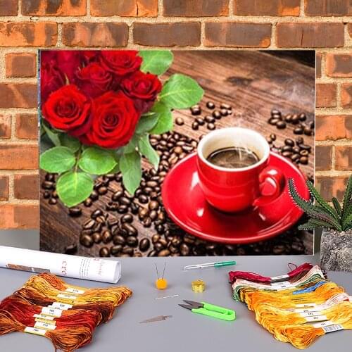Coffee Cup Printed Fabric 11CT Cross Stitch Embroidery Set DMC Threads Handiwork Knitting Sewing Handicraft Promotions Adults