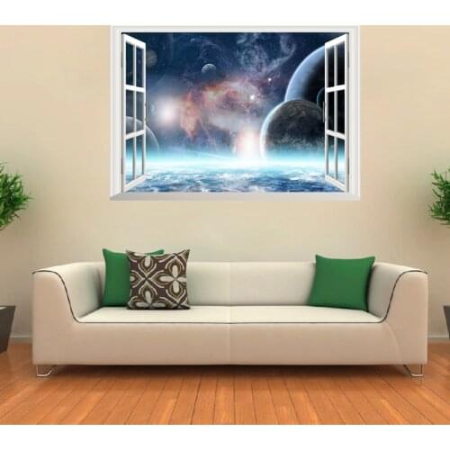 Outer Space Planets 3D Windows Wall Stickers Cosmic Wall Decals for Kids Room Baby Bedroom Ceiling Floor Decoration
