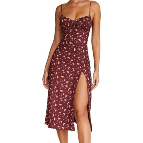 Summer Flower Red Dress Women Floral Print Backless Slim Camis Plus Size Lace Bandage Vintage Beach Evening Midi Dresses Woman