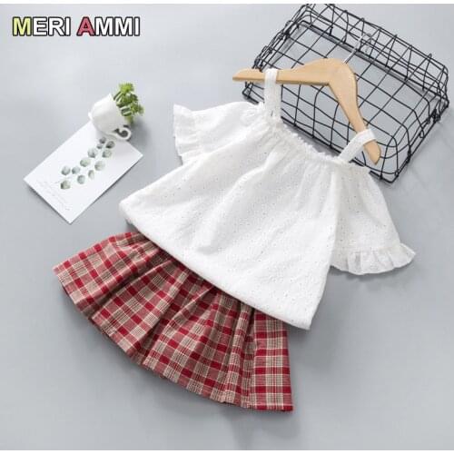 MERI AMMI 2 pcs Set Children Girl Clothing Outfit Set Floral Tee +Plaid Skirt For 2-7 Year Girl