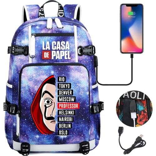 La Casa De Papel Money Heist House of Paper Backpack Schoolbag Large Capacity Laptop Bag Multifunction USB Charging Backpack