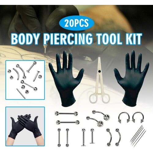 20pcs/Set Body Piercing Tool Kit Gloves Belly Ear Nose Navel Needles Button Body Ring Tattoo Kit Tools Tattoo Machine Set