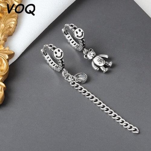 VOQ 925 Sterling Silver Bear Smiley Face Long Tassel Asymmetric Chain Earrings Jewelry Minimalist Gift