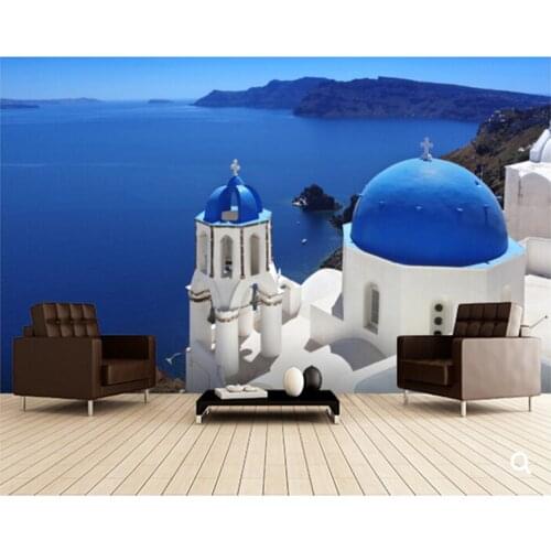 Custom landscape wallpaper,Santorini with Traditional Church in Oia,Greece,3D photo for living room restaurant wallpaper
