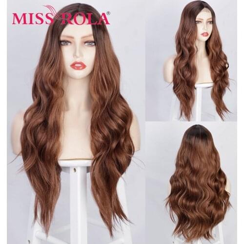 MISS ROLA Long Wavy Ombre Brown Synthetic Wigs for Women Heat Resistant Natural Middle Part Cosplay Party Lolita Daily Wigs
