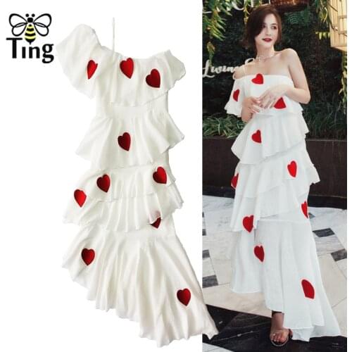 Tingfly New Fashion Lover Heart Embroidery Night Party Dresses Elegant Sexy Off Shoulder Ruffles Asymmetrical Summer Dress Long