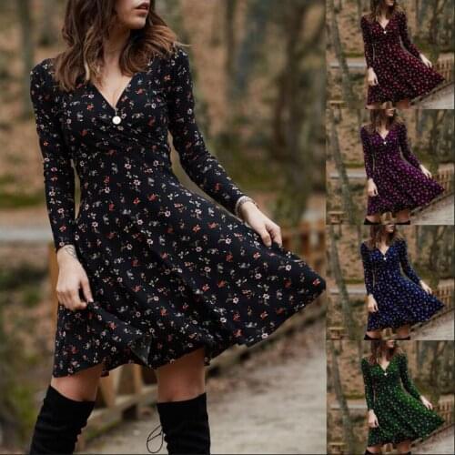 Europe and America 2021 new Asian dress spring floral long sleeve sexy V-neck dress swing long skirt summer clothes for women