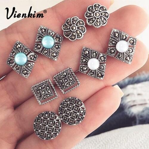 Vienkim Vintage Hollow Carved Stud Earings Fashion Indian Jewelry Bohemian Ethnic Blue Opal Geometric Flower Earrings for Women
