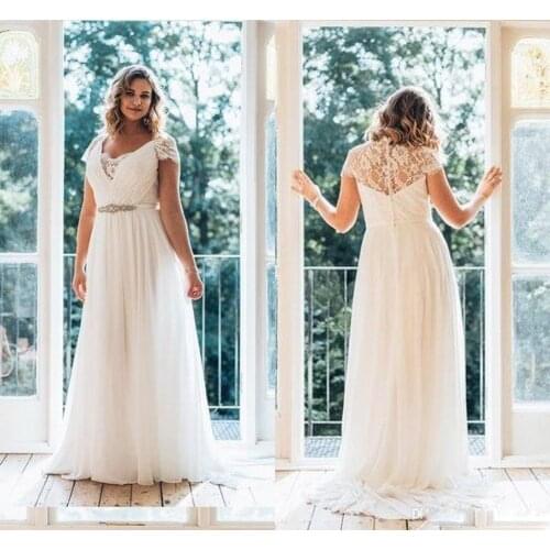 2019 New Chiffon Wedding Dress V Neck Short Sleeves A Line Bridal Gowns Vestido De Novia Lace 2019 Luxury Wedding Dresses