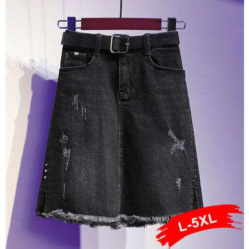 Plus Size Fringe Tassel Hem Casual Black Short Jeans Skirts 5XL Summer Studded Frayed A-line Mini Denim Skirt with Belt Free 90S