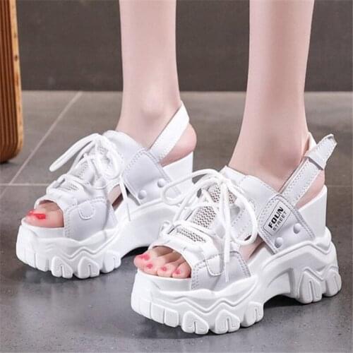 2021 Summer New Fashion Women 11cm Wedge Super High Heel Sandals Chunky Black White Breathable Hollow Mesh Platform Ladies Shoes